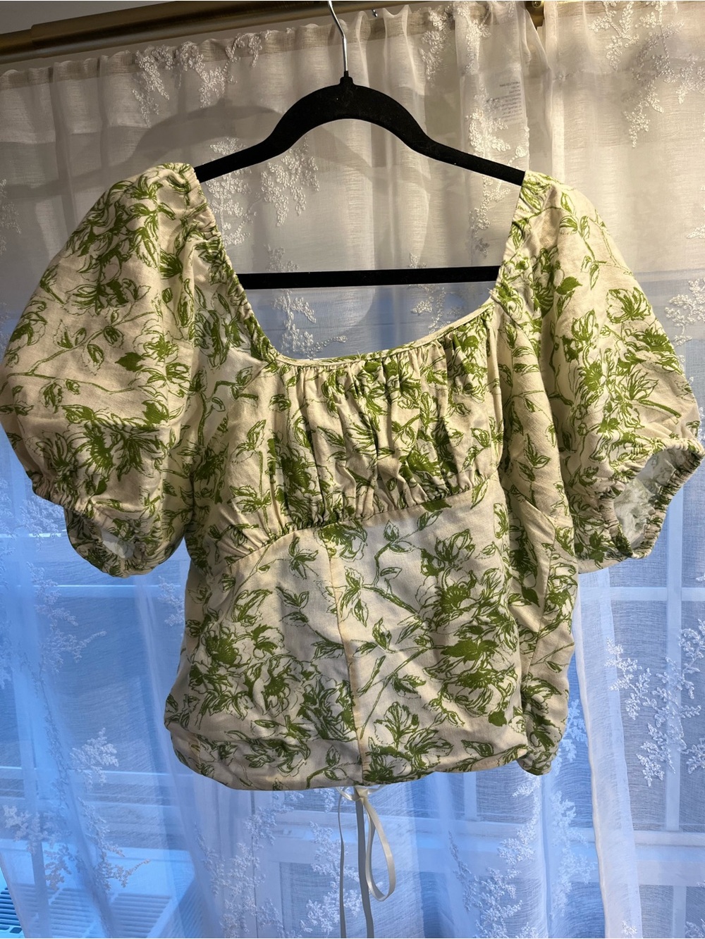 Greylin Cream Blouse with Green Botanical Print and Puff Sleeves